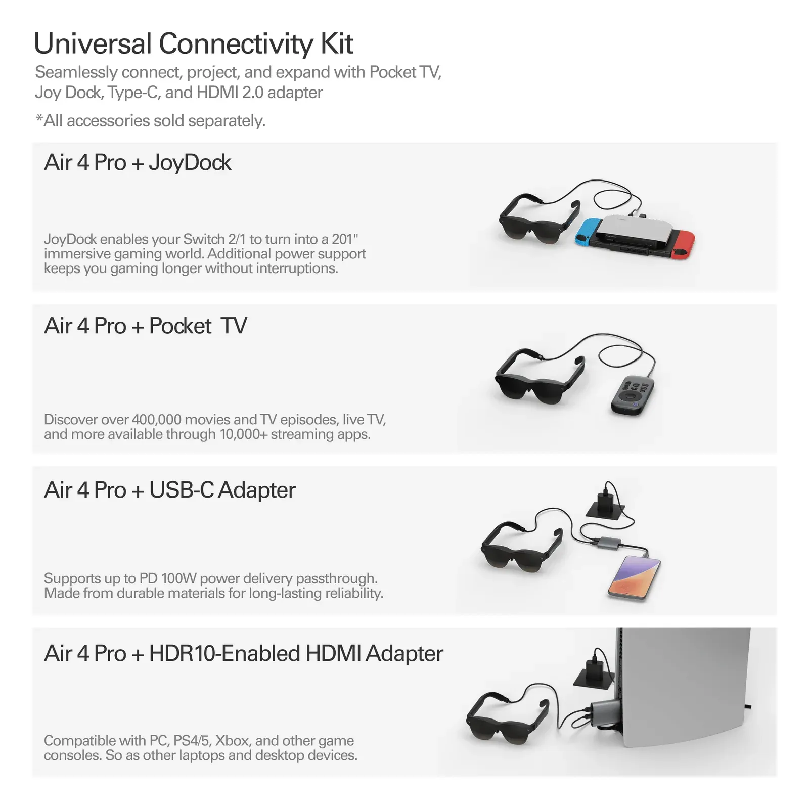 The RayNeo connectivity kit: Air 4 Pro with Pocket TV, USB-C adapter and HDMI adapter