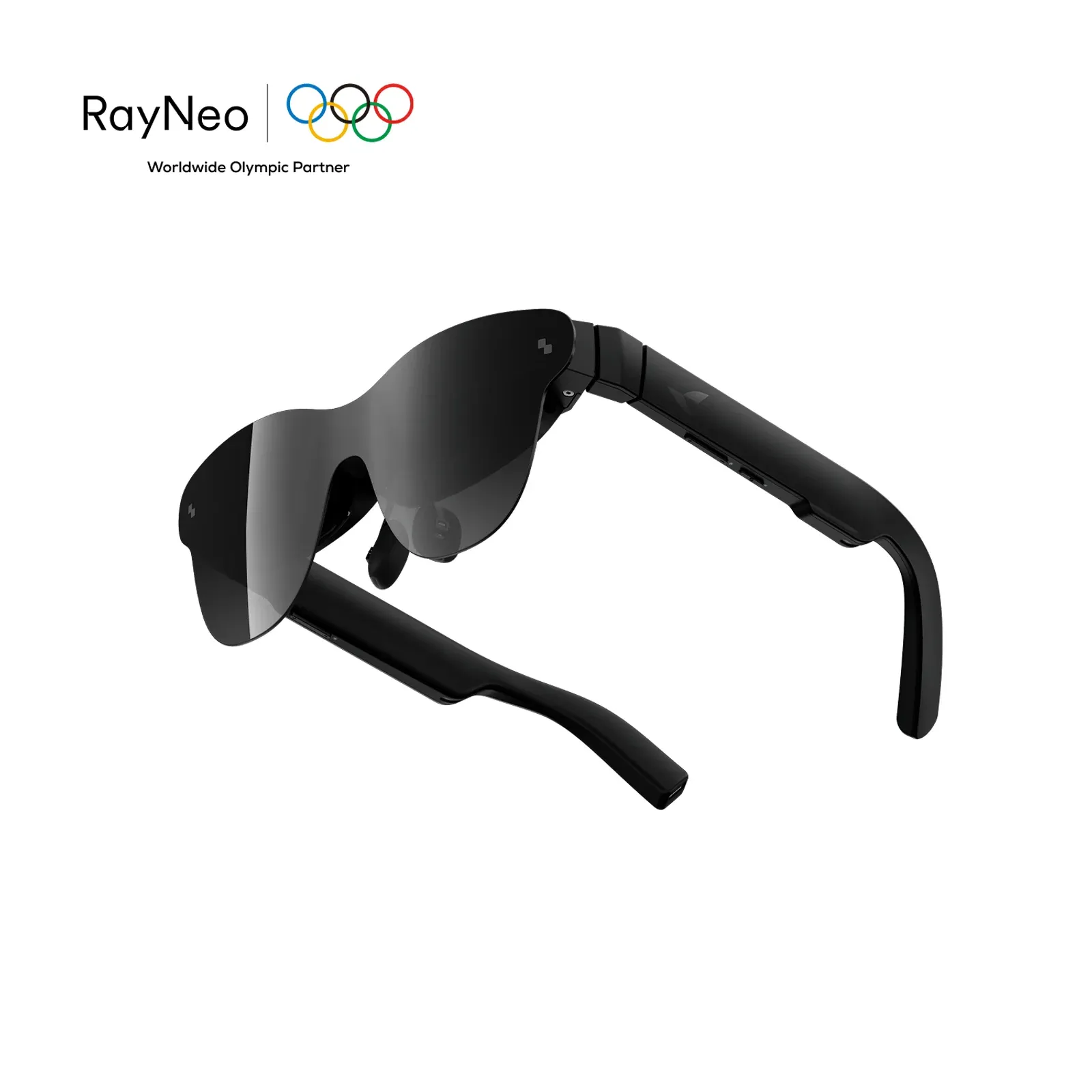 Three-quarter view of the RayNeo Air 4 Pro showing how close the lens sits to the eye