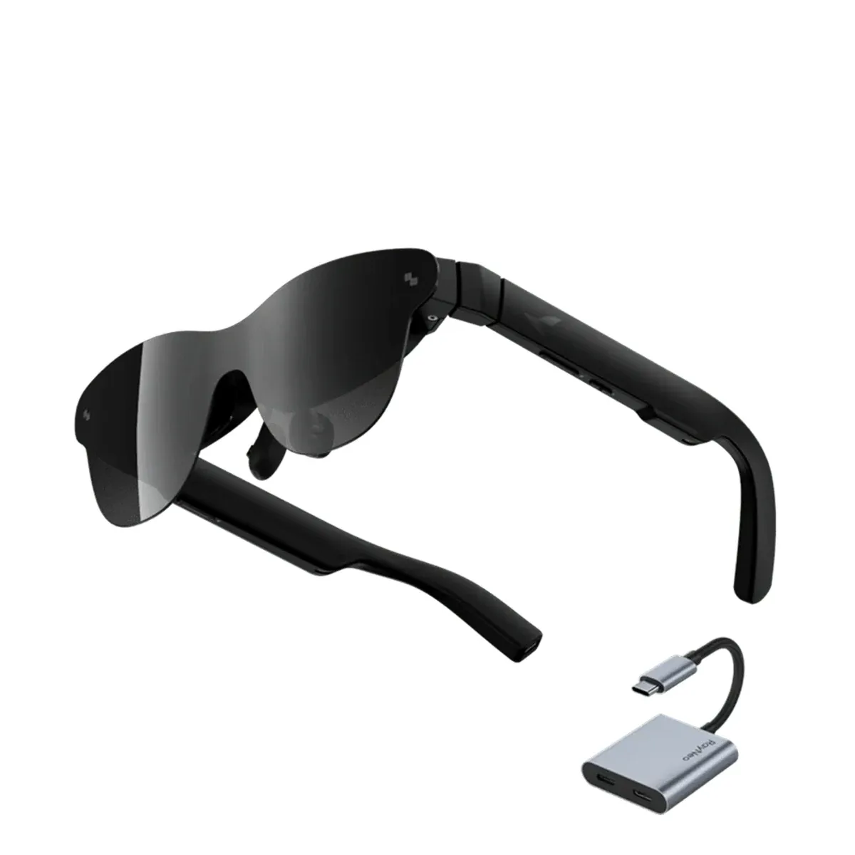 The RayNeo Air 4 Pro AR glasses with the bundled USB-C adapter