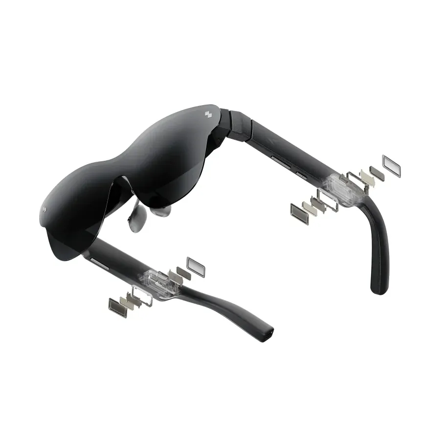 Exploded view of the RayNeo Air 4 Pro showing temples, nose pads and lens modules
